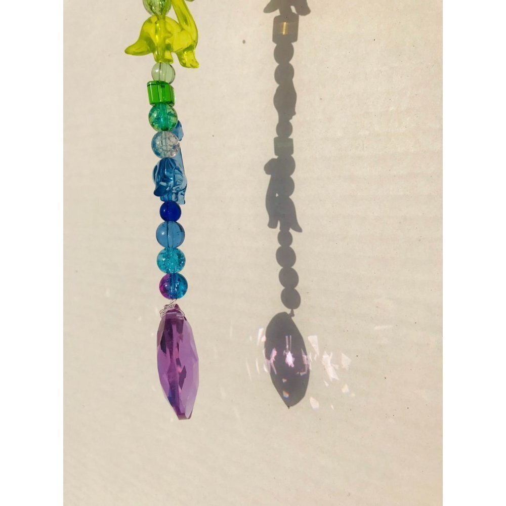 Dinosaur Beaded Suncatcher Rainbow Purple Crystal Prism Hanging Patio Decor - Picture 2 of 9